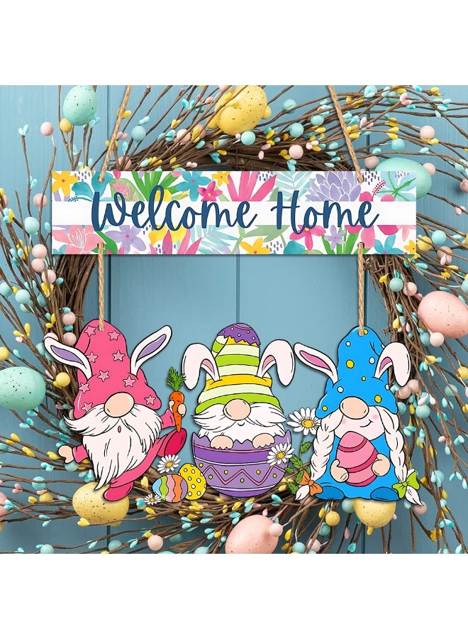 ILovhaprty Easter Gnome Wooden Welcome Sign for Front Door, Spring Welcome Home Hanging Sign with Bunny Gnomes, Rustic Wood Easter Door Decoration for Home, Porch, Farmhouse - Image 5