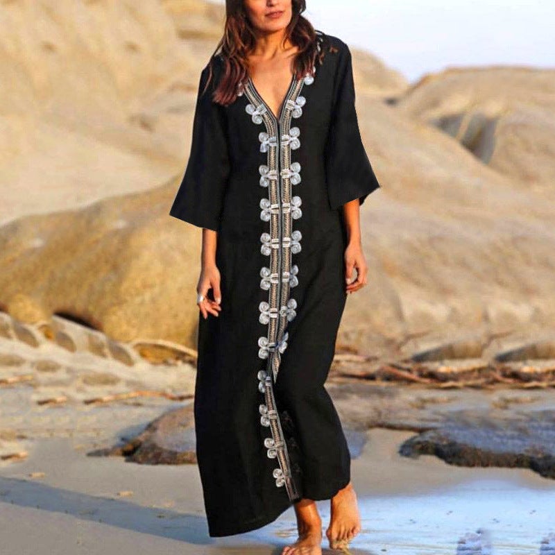 Generic New European and American rayon embroidered robe loose Beach skirt bikini swimsuit blouse holiday dress sunscreen women Black (ZS1833) 