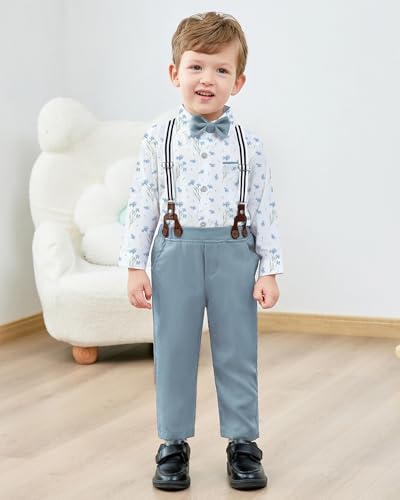 ZOEREA Toddler Baby Boy Suit Clothes Gentleman Wedding Outfits Long Sleeves Dress Shirt Suspender Pants Bowtie Sky Blue 23T - Image 3