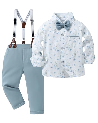 ZOEREA Toddler Baby Boy Suit Clothes Gentleman Wedding Outfits Long Sleeves Dress Shirt Suspender Pants Bowtie Sky Blue 23T - Image 1