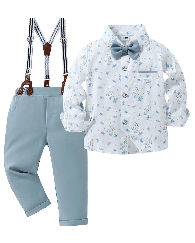 ZOEREA Toddler Baby Boy Suit Clothes Gentleman Wedding Outfits Long Sleeves Dress Shirt Suspender Pants Bowtie Sky Blue 23T - Image 2