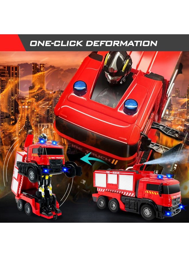 Grarain Remote Control Fire Truck with LED Sounds, RC Car Toy with 3pcs Small Firetrucks and 10pcs Roadblock Models, One Button Press Spraying Water Transformer Fire Truck for Kids Toddlers Boys - Image 2
