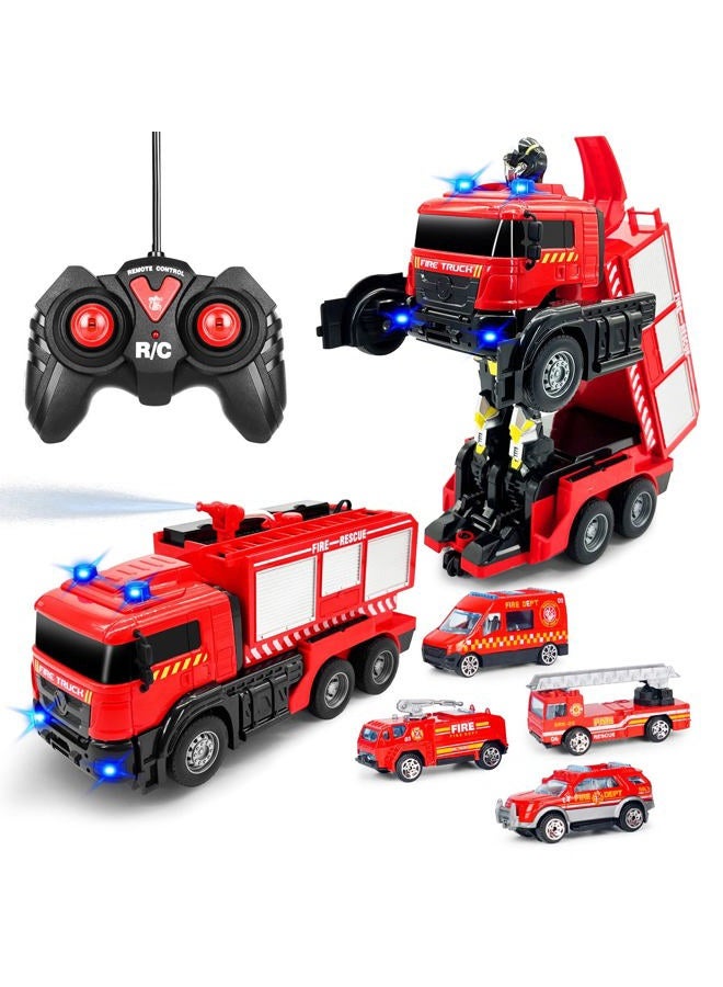 Grarain Remote Control Fire Truck with LED Sounds, RC Car Toy with 3pcs Small Firetrucks and 10pcs Roadblock Models, One Button Press Spraying Water Transformer Fire Truck for Kids Toddlers Boys - Image 1