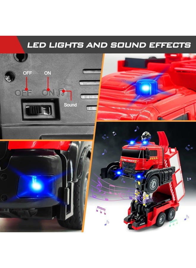 Grarain Remote Control Fire Truck with LED Sounds, RC Car Toy with 3pcs Small Firetrucks and 10pcs Roadblock Models, One Button Press Spraying Water Transformer Fire Truck for Kids Toddlers Boys - Image 5