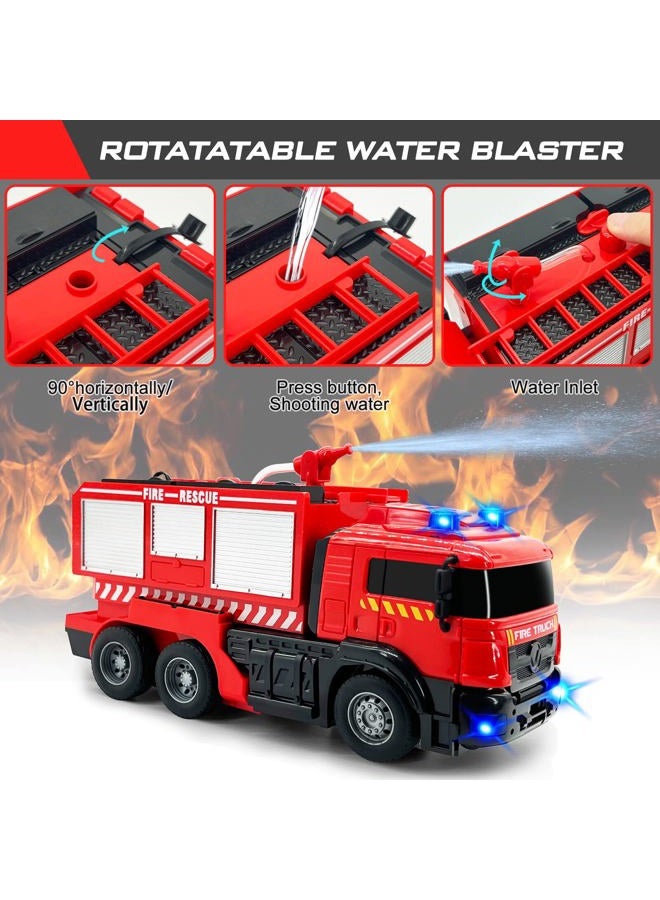 Grarain Remote Control Fire Truck with LED Sounds, RC Car Toy with 3pcs Small Firetrucks and 10pcs Roadblock Models, One Button Press Spraying Water Transformer Fire Truck for Kids Toddlers Boys - Image 3