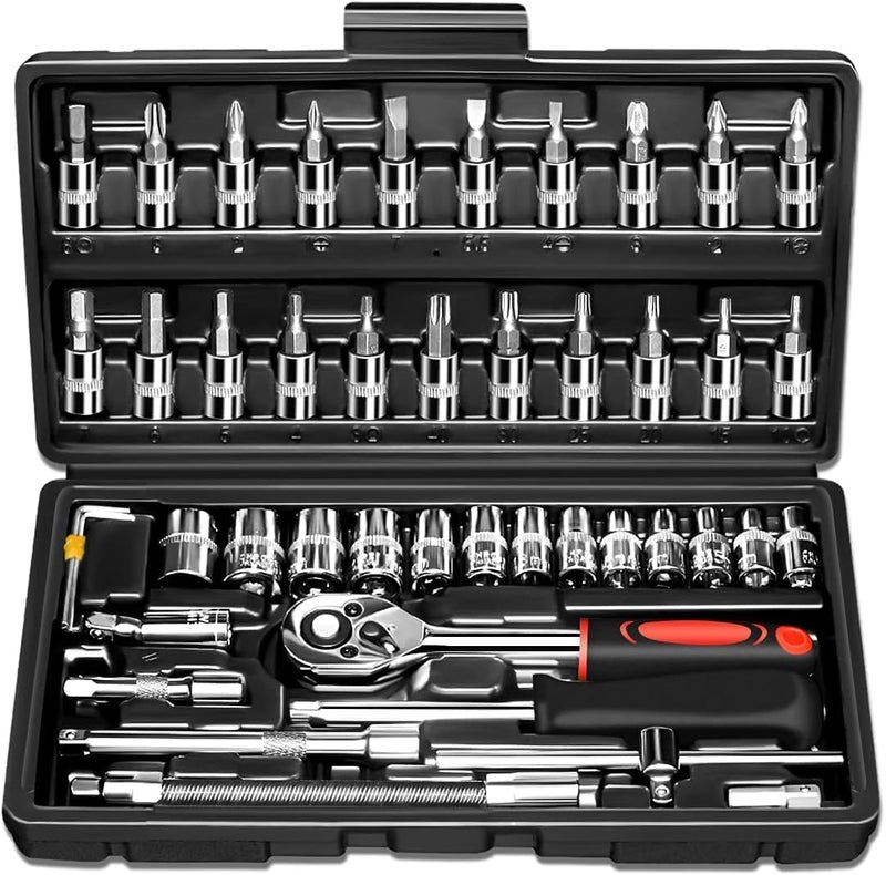 Sument Sument Heavy Duty 46In1 Ratchet Socket Wrench Set Chrome Vanadium Hand Tool Kit For Repairing Diy Auto Repairs Car Bike Includes Screwdriver Extension Bar And Adapter 46Pieces  - Image 1