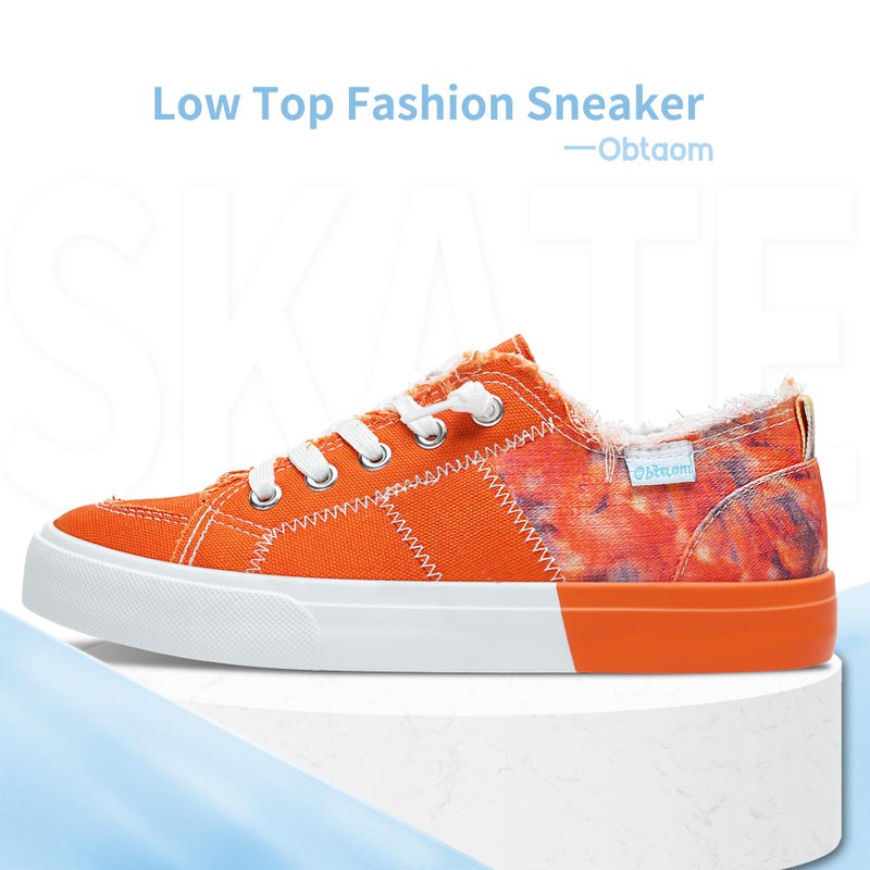Obtaom Womens Colour Blocking Play Canvas Sneakers Cute Tie Dye Splicing Slip on Shoes Comfortable Multi Walking Shoes for Lady(Orange,US6) - Image 4