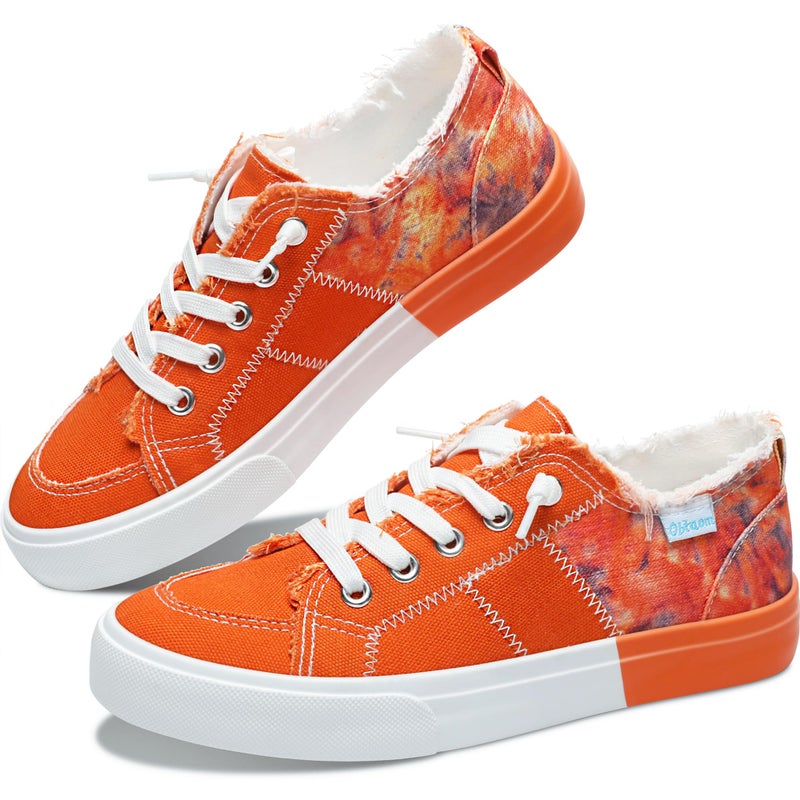Obtaom Womens Colour Blocking Play Canvas Sneakers Cute Tie Dye Splicing Slip on Shoes Comfortable Multi Walking Shoes for Lady(Orange,US6) - Image 1
