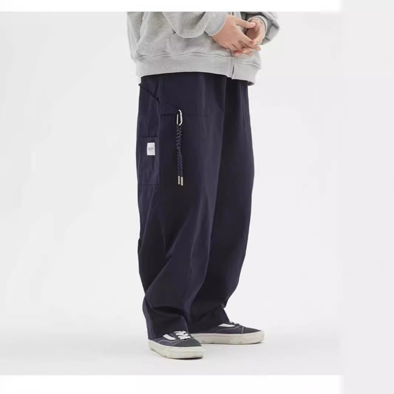 Japanese-style Loose Straight Overalls Mens 2024 Summer Multi-pocket plus size Trendy Fatty Casual All-match Trousers Blue