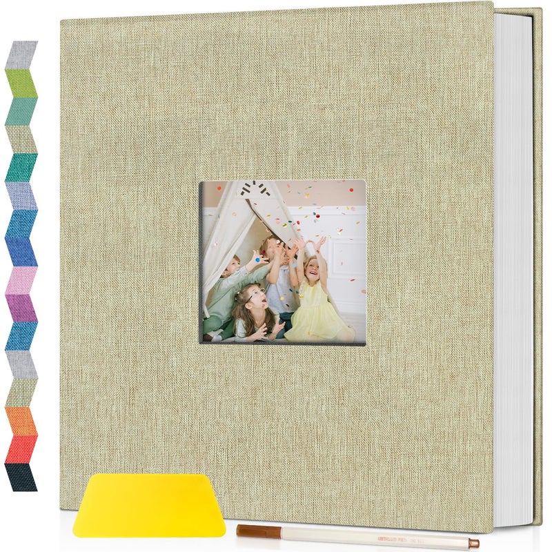 Popotop Photo Album Self Adhesive with Picture Display Window,40 Pages DIY Scrapbook Album for 4x6 8x10 Picture,Linen Cover Memory Book for Baby Wedding, with Scraper and Metallic Pen - Image 1