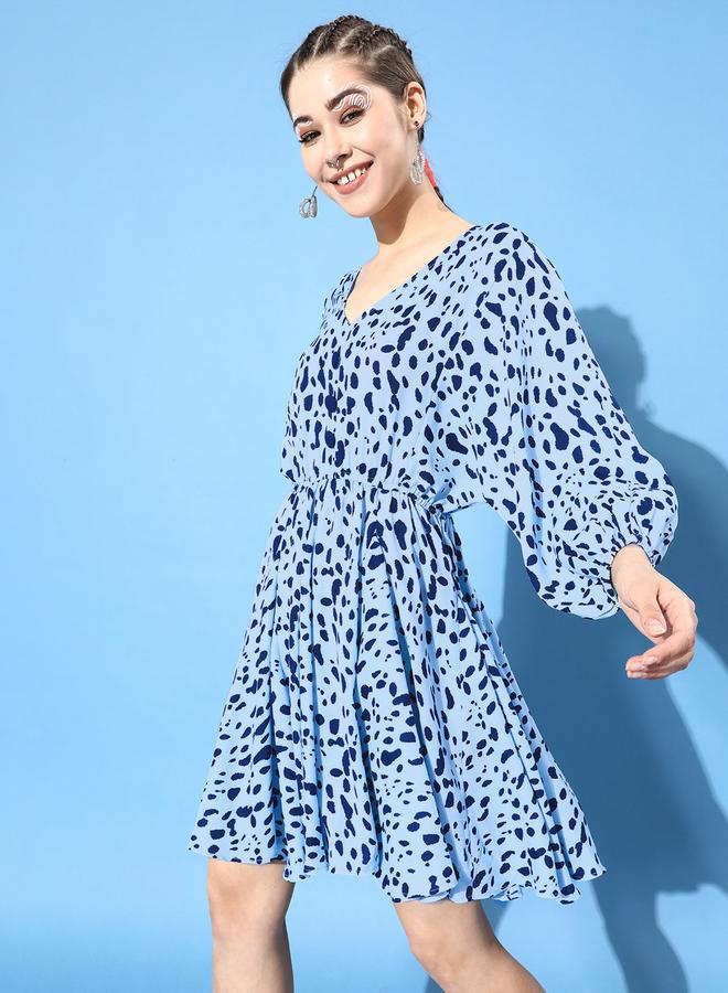 كاجوالي فستان نسائي أزرق بطبعة حيوانات بتصميم ملتف - Image 4