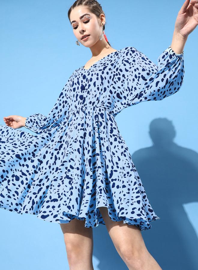 كاجوالي فستان نسائي أزرق بطبعة حيوانات بتصميم ملتف - Image 2