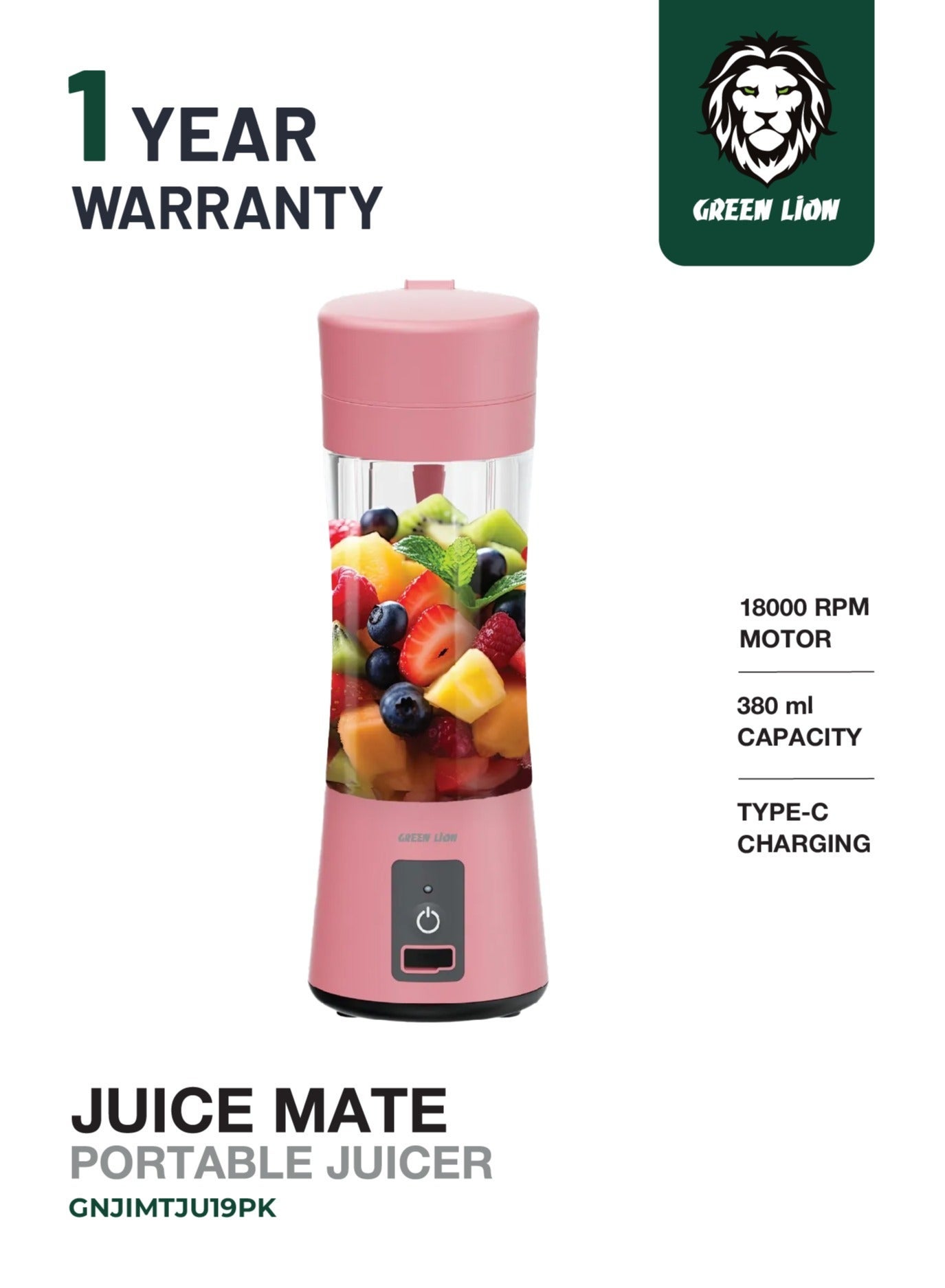 Juice Mate Portable Juicer with 380mL Capacity & 45W / 6-Blade Design / Up to 15 Blending Cycles / 1200mAh Battery & USB-C Charging Port / LED Indicator / 20 Seconds Single Blend Time / BPA-Free & Food-Grade Material - Pink
