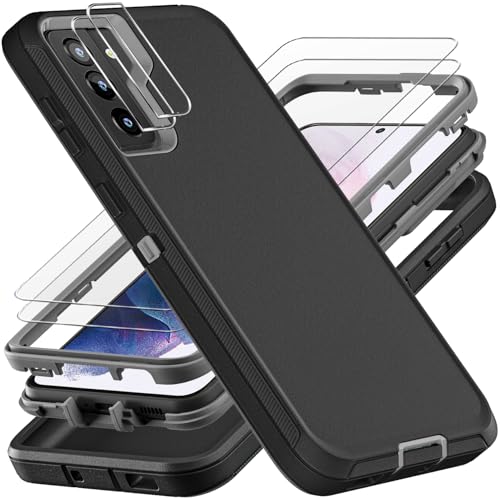 YKHJKLEC for Samsung Galaxy S21 Plus Case Military Grade 3 in 1 Heavy Duty ShockproofDrop ProofDust Proof Case with 2Pcs Tempered Glass Screen Protector Camera Lens Protector BlackGrey - Image 1