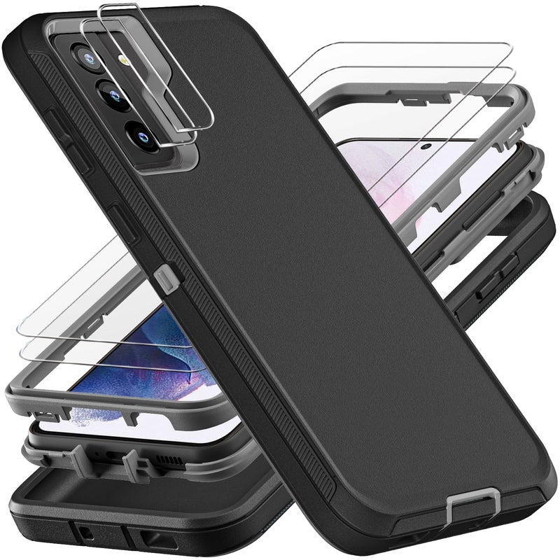 YKHJKLEC for Samsung Galaxy S21 Plus Case Military Grade 3 in 1 Heavy Duty ShockproofDrop ProofDust Proof Case with 2Pcs Tempered Glass Screen Protector Camera Lens Protector BlackGrey - Image 3