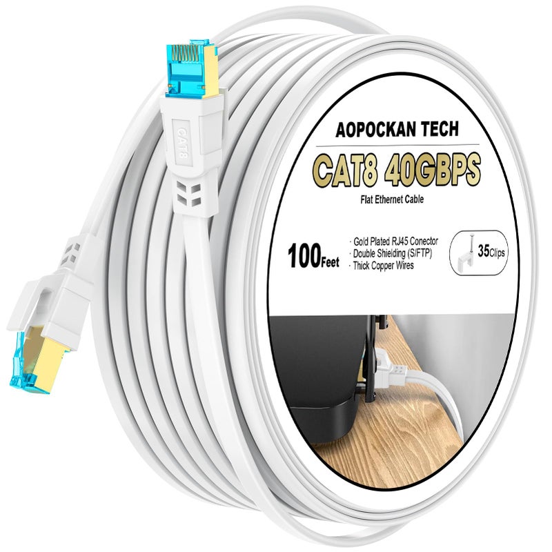 AOPOCKAN TECH Cat 8 Ethernet Cable 100 FT, Heavy Duty High Speed 40Gbps 2000Mhz Internet Network Patch Cord, RJ45 Shielded Flat LAN Cable, Outdoor&Indoor Weatherproof S/FTP UV Resistant for Gaming, Router, Modem - Image 1