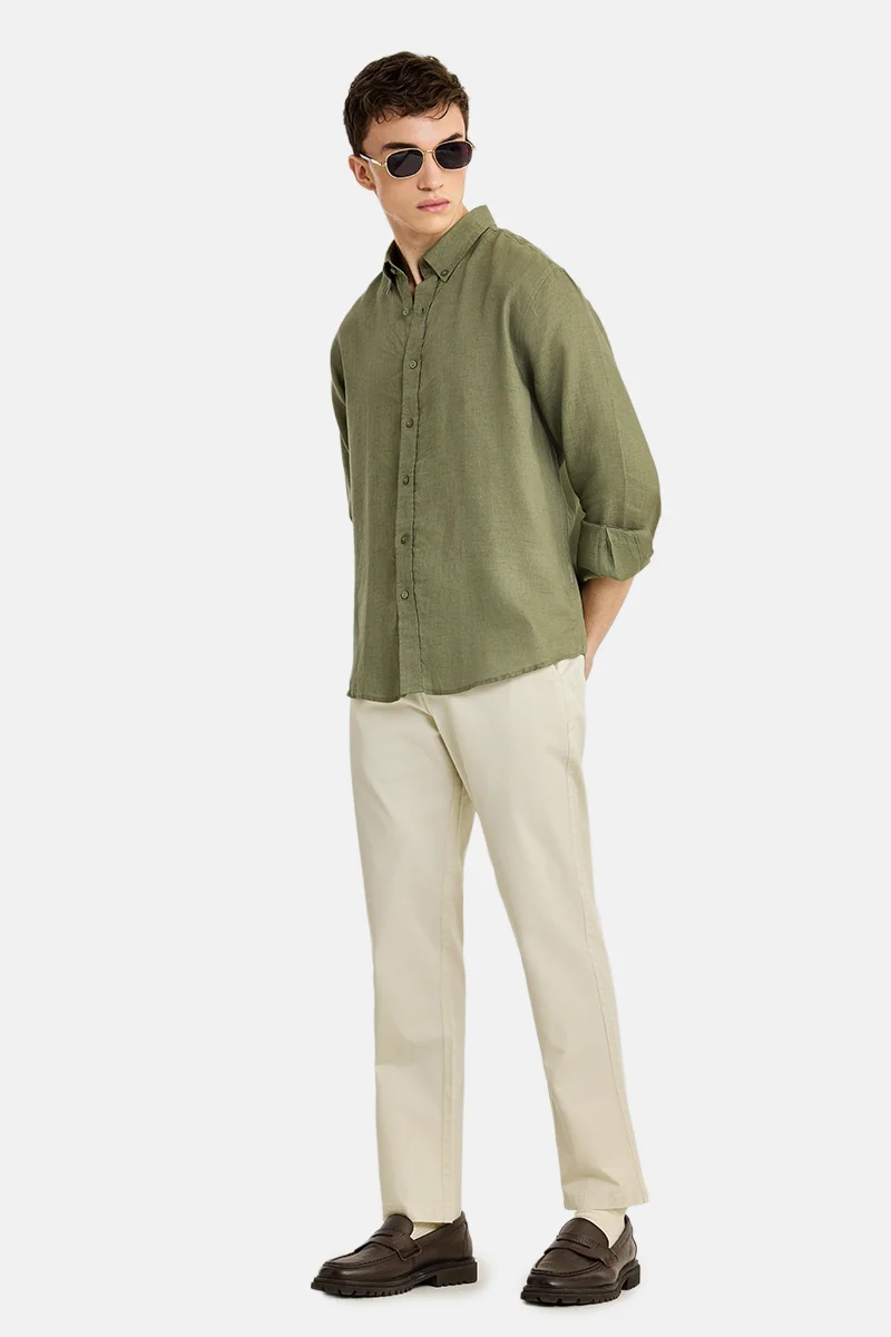 SNITCH Off White Solid Relaxed Casual Chinos