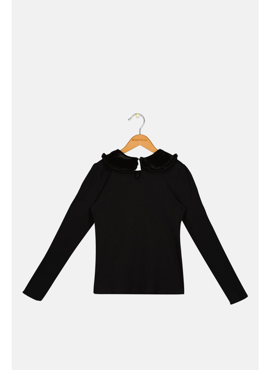 Nicole Miller - Toddlers Girl Spread Collar Textured Long Sleeves Top, Black - Image 1