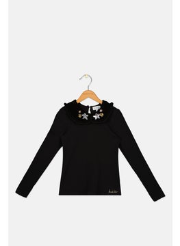 Toddlers Girl Spread Collar Textured Long Sleeves Top, Black