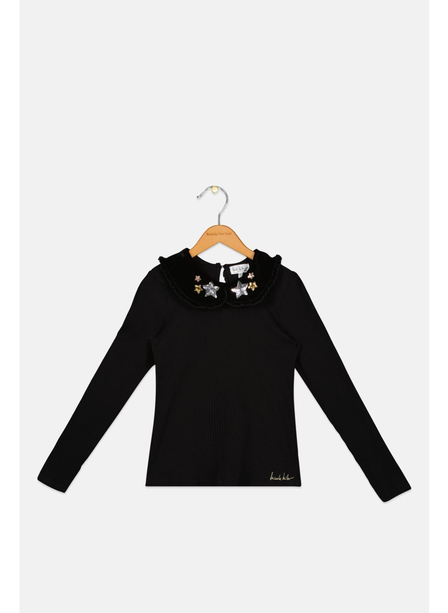 Nicole Miller - Toddlers Girl Spread Collar Textured Long Sleeves Top, Black - Image 1