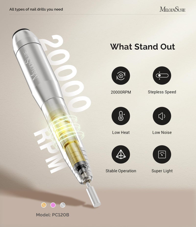 MelodySusie Pen-Shaped Portable Nail Drill with AC Adapter, PC120B 20000RPM Electric File with Compact Design for All Nail Care, Manicure Polishing, Shaping & Gel Removal at Home for Beginners - Image 4