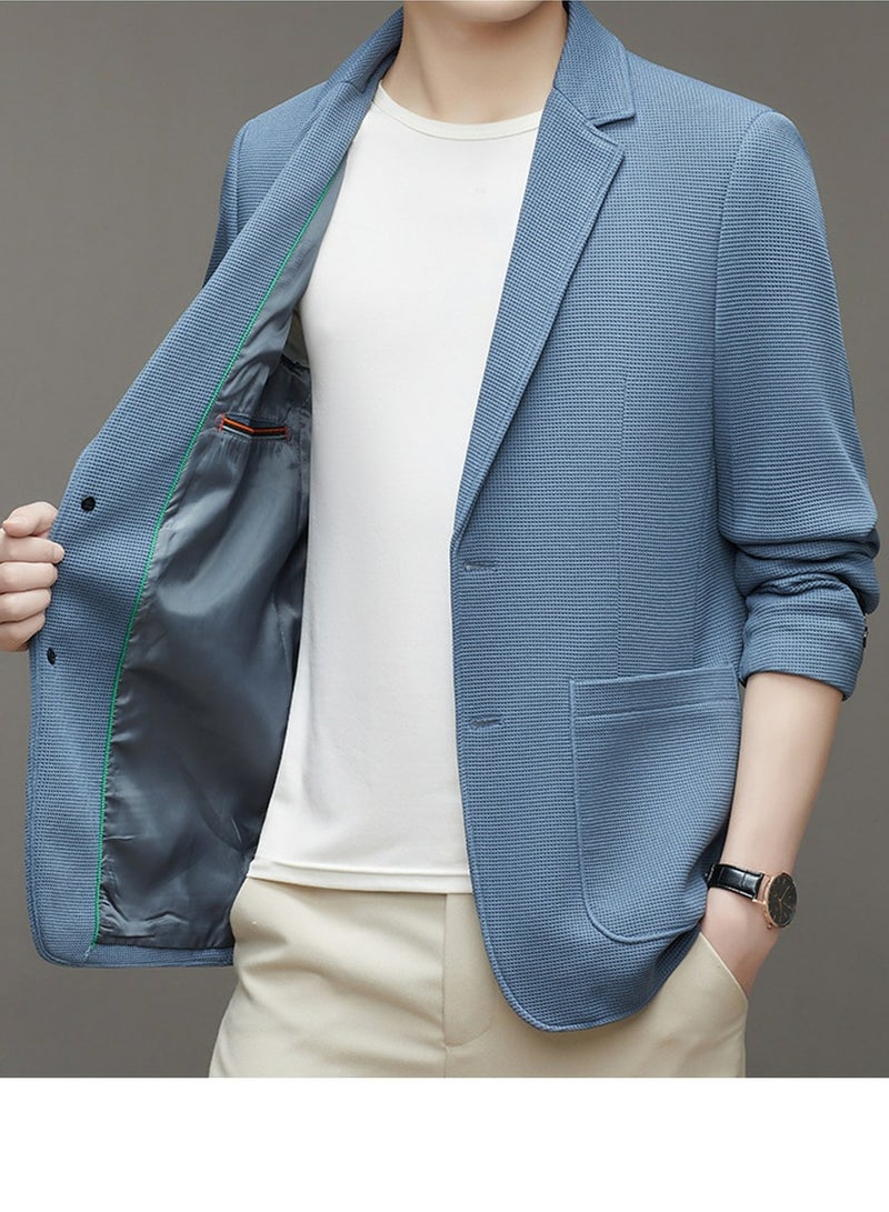 Loquat Mens Suit Collar Coats Casual Slim Fit Knitting Suit Jacket Lightweight Business 2 Button Blazers Sky Blue  - Image 2