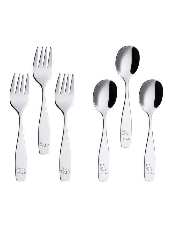 ANNOVA Kids Silverware 6 Pieces Children's Safe Flatware Set Stainless Steel - 3 x Children Forks, 3 x Tablespoons, Toddler Utensils, Metal Cutlery for Lunchbox (Engraved Dinosaurs) (6 Forks & Spoon) - Image 1