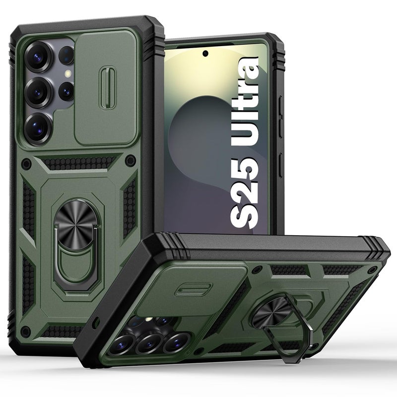 PASNEW for S25 Ultra Case Military,Camera Slide Cover & Metal Ring Kickstand,Multi-Layer Heavy Duty Shockproof Protective Hard Shell for Samsung Galaxy S25Ultra,Army Green - Image 1