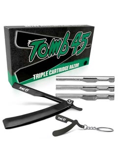 Tomb 45 Triple Cartridge Razor Holder | Disposable Razor Safety Handle For Barbers | 100% Metal Grip & 3 Adjustable Blade Exposure Options For Shaving (Black)  - Image 1