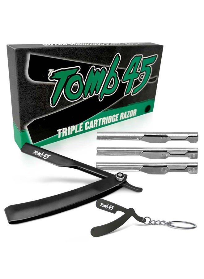 Tomb 45 Triple Cartridge Razor Holder | Disposable Razor Safety Handle For Barbers | 100% Metal Grip & 3 Adjustable Blade Exposure Options For Shaving (Black) - Image 1