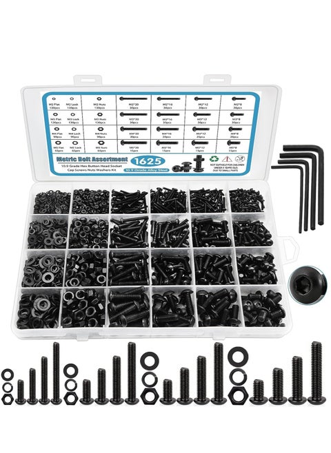 M2 M3 M4 M5 Nuts and Bolts Assorted Set 1625 Pcs Carbon Steel Hex Socket Head Cap Screws Bolts and Nuts Kit Thread Fastener Machine Hex Bolts & Nuts Assortment Kit with 4Pieces Hex Keys for Free