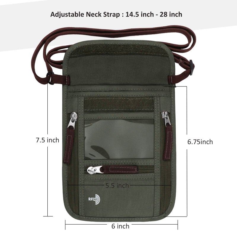 WALNEW Passport Holder Neck Pouch Travel Wallet for Women and Men, RFID Blocking Security Slim Traveling Wallet with Around Neck Lanyard Strap, Army Green - Image 2