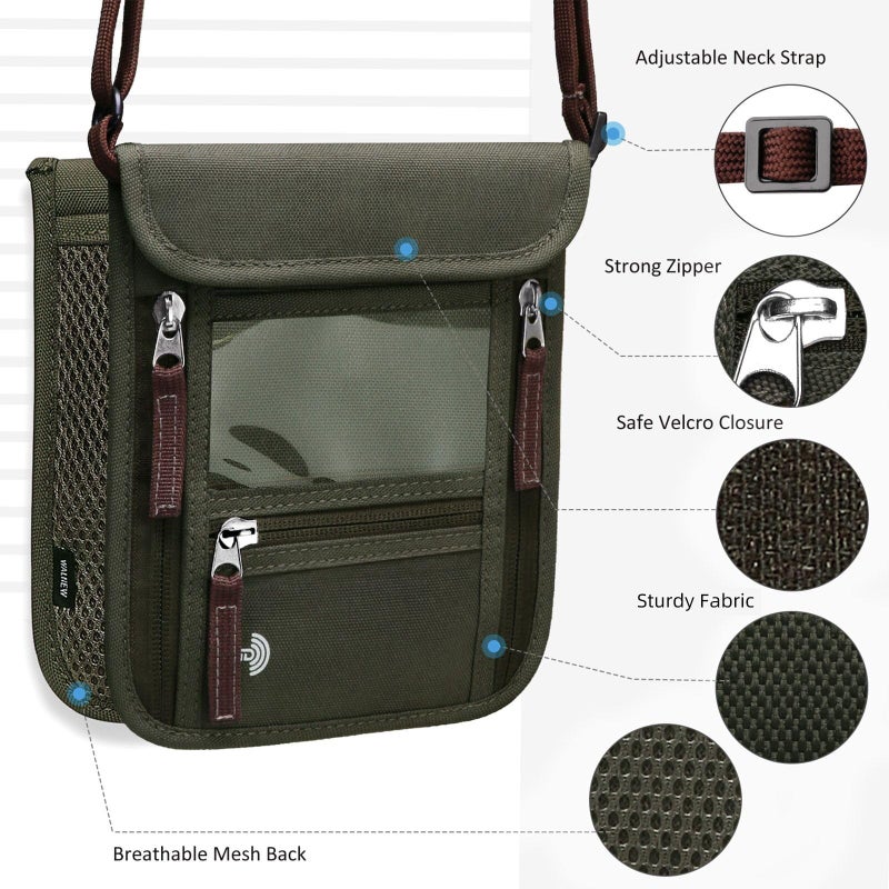 WALNEW Passport Holder Neck Pouch Travel Wallet for Women and Men, RFID Blocking Security Slim Traveling Wallet with Around Neck Lanyard Strap, Army Green - Image 4