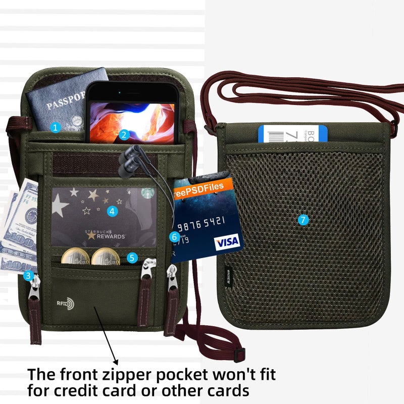 WALNEW Passport Holder Neck Pouch Travel Wallet for Women and Men, RFID Blocking Security Slim Traveling Wallet with Around Neck Lanyard Strap, Army Green - Image 5