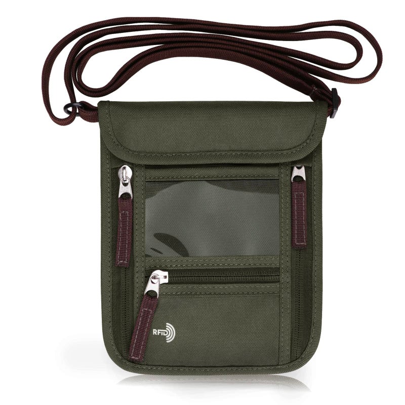 WALNEW Passport Holder Neck Pouch Travel Wallet for Women and Men, RFID Blocking Security Slim Traveling Wallet with Around Neck Lanyard Strap, Army Green - Image 1