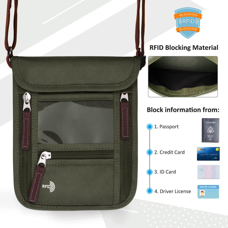 WALNEW Passport Holder Neck Pouch Travel Wallet for Women and Men, RFID Blocking Security Slim Traveling Wallet with Around Neck Lanyard Strap, Army Green - Image 3