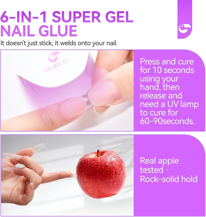 gelike ec Nail Tips Gel Nail Glue: Geliek EC 2PCS 6 in 1 Adhesive Gel Nail Polish for Salon - Strong Nail Glue for Press On Nails Nails Acrylic Tips - Valentine's Day Girl Gift for Home DIY - Image 2