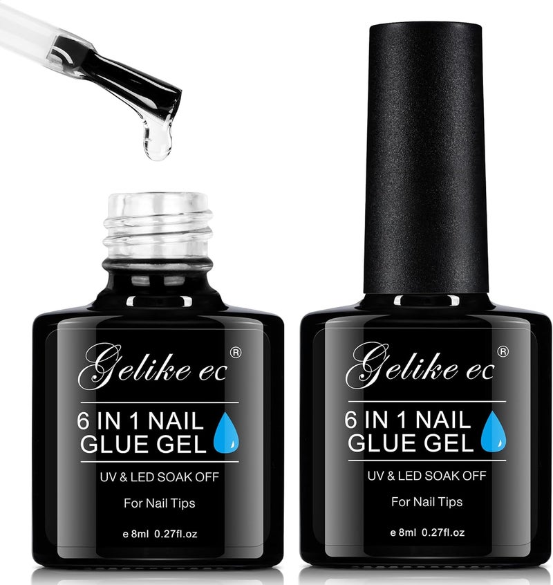 gelike ec Nail Tips Gel Nail Glue: Geliek EC 2PCS 6 in 1 Adhesive Gel Nail Polish for Salon - Strong Nail Glue for Press On Nails Nails Acrylic Tips - Valentine's Day Girl Gift for Home DIY - Image 1