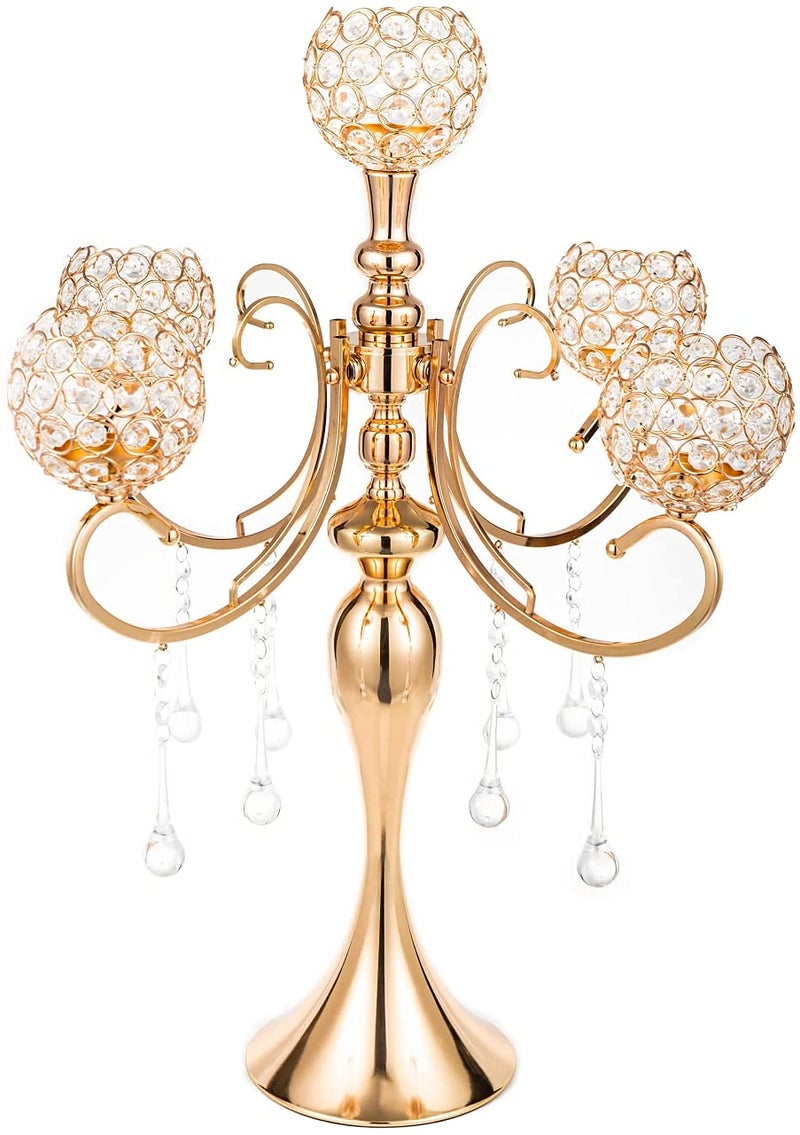 5 Arms Gold Candelabra Centerpiece 26 Inches Tall Chandelier Crystal Beaded Candle Holders for Table Centerpiece Wedding Party Dinner Formal Events Gifts Gold