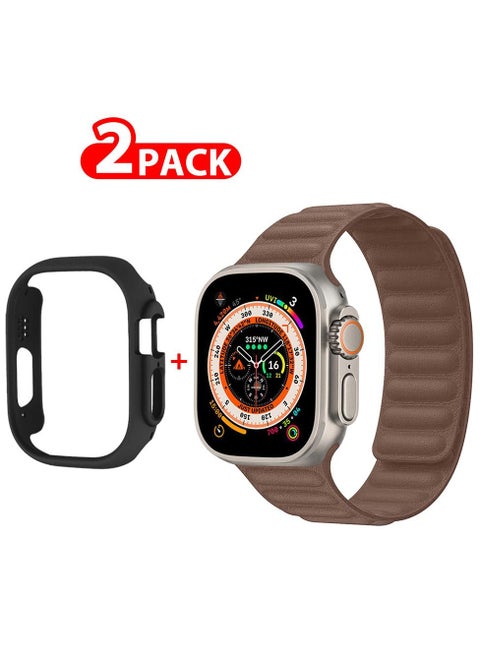 2 Packs For Apple Watch Band 49mm Leather Link Strap Magnetic Loop Bracelet and Black Case Holder Brown