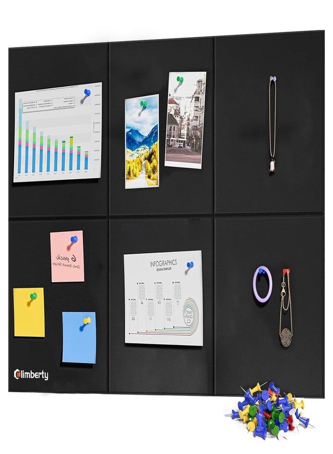 Climberty® 6Pcs Black Felt Bulletin Board 30x30cm Self-Adhesive Wall Board with 50pcs Drawing Pins Felt Message Board for Notes Photos Reminders Decoration Schedules for Office Home Dorm (Black) - Image 1