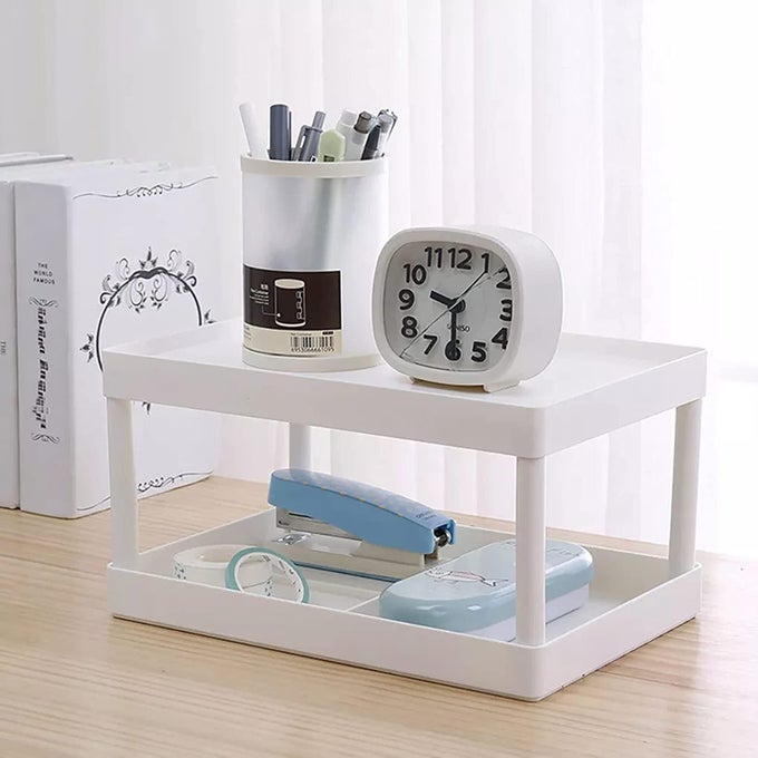 TWO LAYER CABINET STORAGE SHELVES MULTIPURPOSE DOUBLE LAYER KITCHEN ORGANIZER SHELF SHELVES DESKTOP STORAGE RACK PLASTIC DESK SHELVES COSMETIC HOME ORGANIZER FOLDING STATIONERY STORAGE RACK