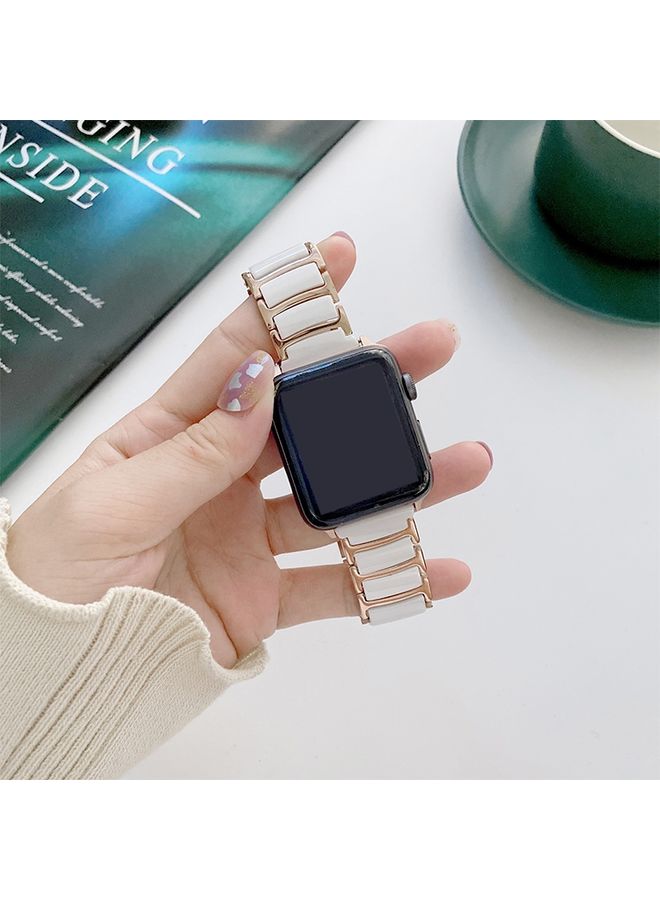 Replacement Strap For Apple Watch Ultra 49mm&Watch Ultra 2 49mm / Series 9&8&7 45mm / SE 3&SE 2&6&SE&5&4 44mm / 3&2&1 42mm Ceramic Steel Watch Band White Rose Gold 