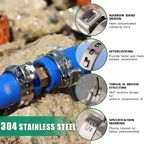 OURU 120PCS Pex Crimp Rings Assortment,304 Stainless Steel Pex Clamps 3/8",1/2",3/4",5/8",1" Single Ear Hose Clamps,Pex Cinch Clamps for Pex Fittings Pipe Tubing - Image 3
