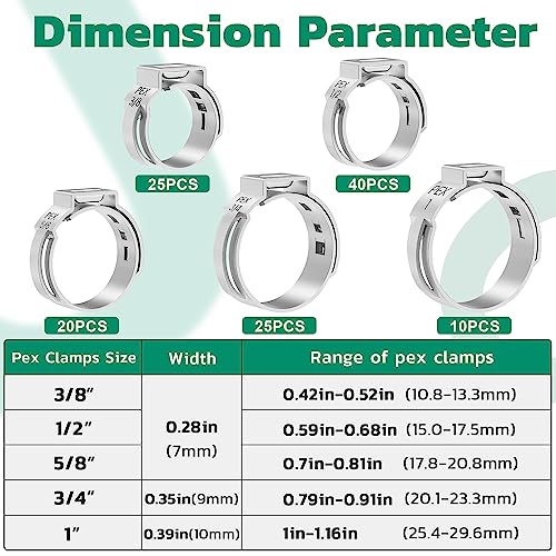OURU 120PCS Pex Crimp Rings Assortment,304 Stainless Steel Pex Clamps 3/8",1/2",3/4",5/8",1" Single Ear Hose Clamps,Pex Cinch Clamps for Pex Fittings Pipe Tubing - Image 2