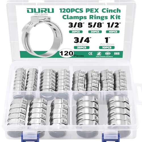 OURU 120PCS Pex Crimp Rings Assortment,304 Stainless Steel Pex Clamps 3/8",1/2",3/4",5/8",1" Single Ear Hose Clamps,Pex Cinch Clamps for Pex Fittings Pipe Tubing - Image 1