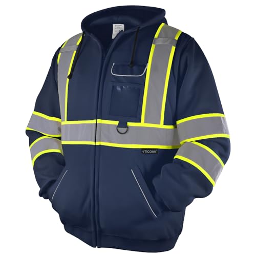 TICONN High Visibility Safety Sweatshirt Hoodie, Reflective Hi-Vis ANSI Class 3 Fleece Zippered Hooded Jacket for men and women (Navy, 2XL) - Image 1