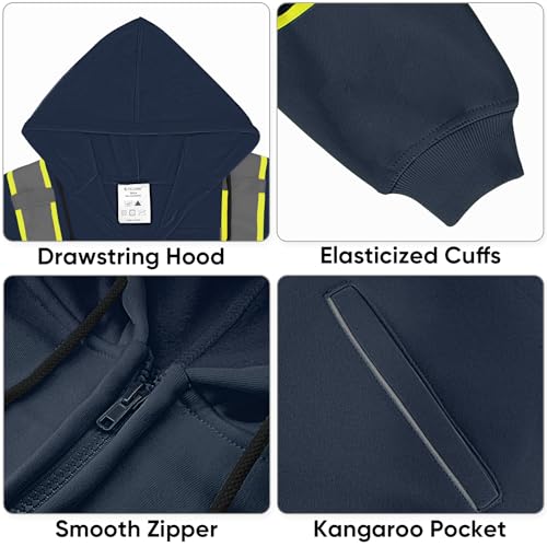 TICONN High Visibility Safety Sweatshirt Hoodie, Reflective Hi-Vis ANSI Class 3 Fleece Zippered Hooded Jacket for men and women (Navy, 2XL) - Image 5