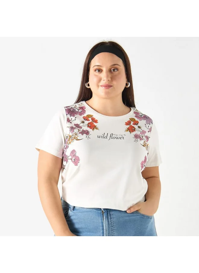 Ulla Popken Plus Size Ulla Popken Floral Print Crew Neck T-shirt with Short Sleeves