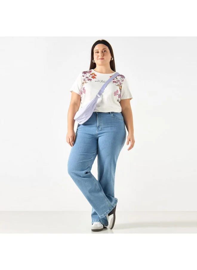 Ulla Popken Plus Size Ulla Popken Floral Print Crew Neck T-shirt with Short Sleeves